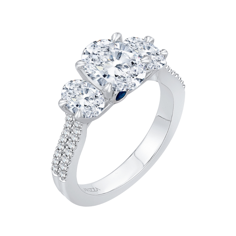 Oval Cut Diamond Three-Stone Cathedral Style Engagement Ring in 14K White Gold (Semi-Mount)