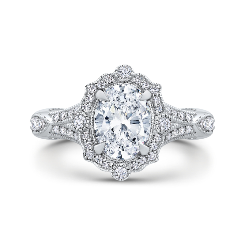 Split Shank Oval Cut Diamond Halo Engagement Ring in 14K White Gold (Semi-Mount)