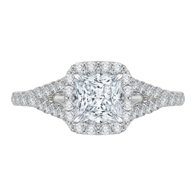 Split Shank Princess Cut Diamond Halo Engagement Ring in 14K White Gold (Semi-Mount)