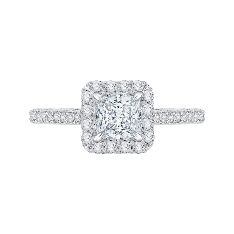 Princess Cut Diamond Halo Engagement Ring with Band in 14K White Gold (Semi-Mount)