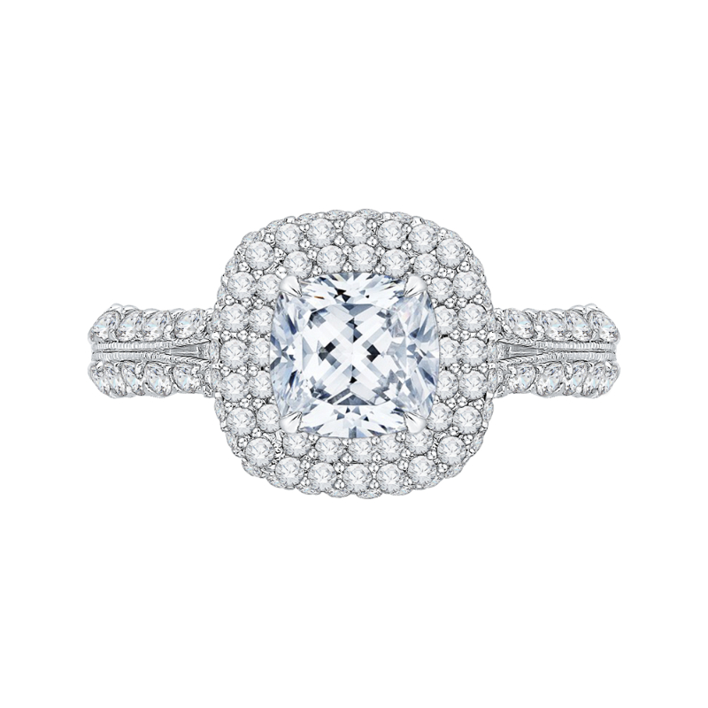 Cushion Cut Split Shank Diamond Double Halo Engagement Ring in 14K White Gold (Semi-Mount)