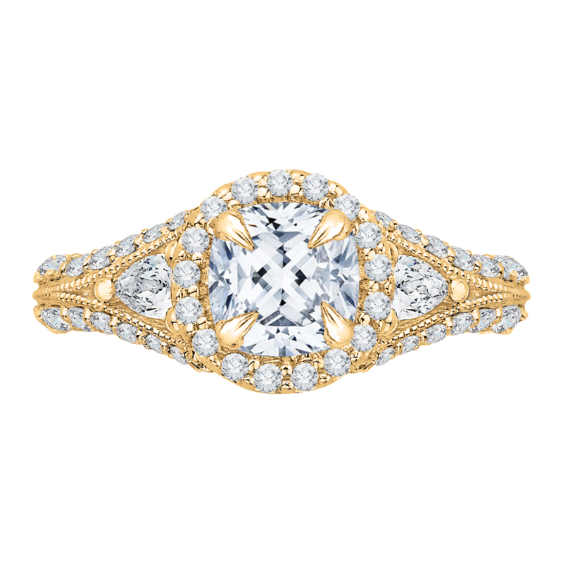 Cushion Cut Split Shank Diamond Halo Engagement Ring in 14K Yellow Gold (Semi-Mount)