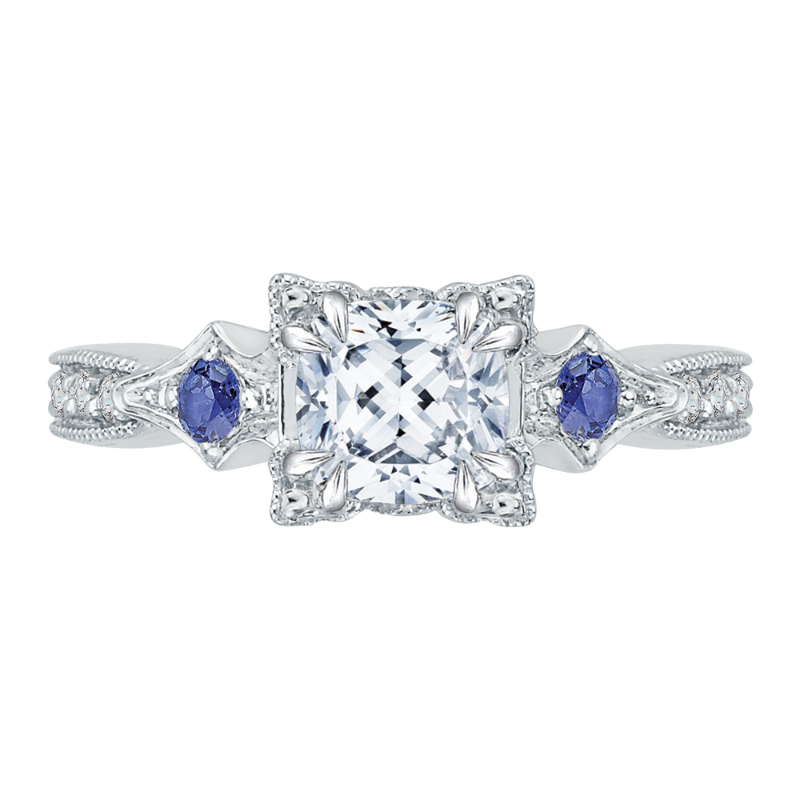 Cushion Cut Diamond Engagement Ring with Sapphire in 14K White Gold (Semi-Mount)