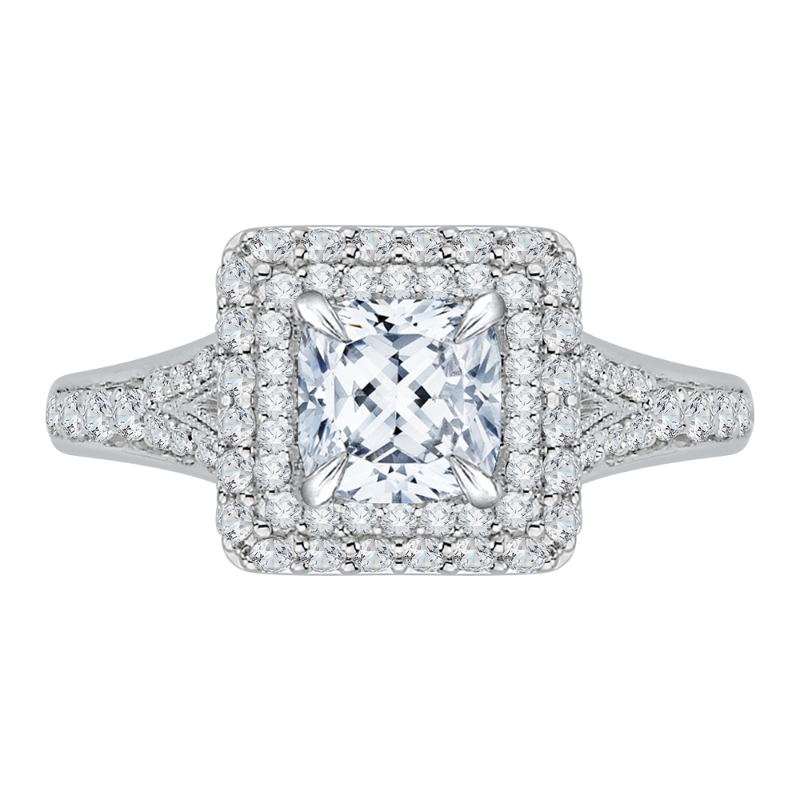 Split Shank Cushion Cut Diamond Double Halo Engagement Ring in 14K White Gold (Semi-Mount)