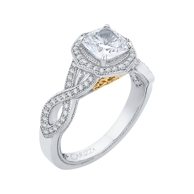 Split Shank Cushion Cut Diamond Halo Engagement Ring in 14K Two Tone Gold (Semi-Mount)