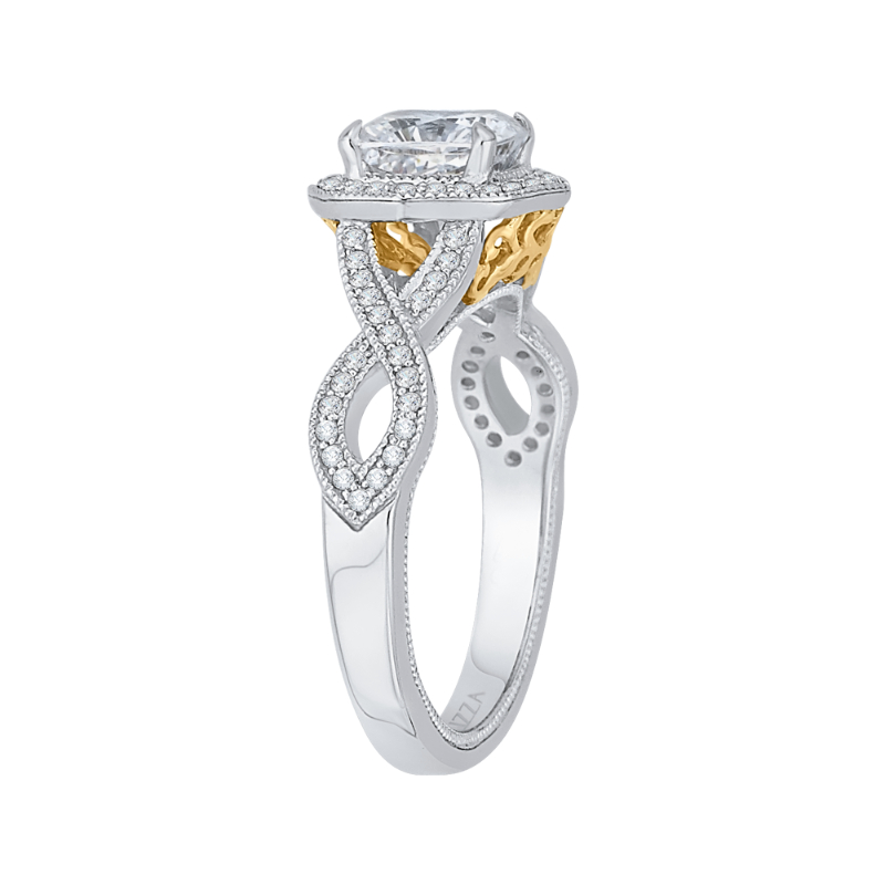 Split Shank Cushion Cut Diamond Halo Engagement Ring in 14K Two Tone Gold (Semi-Mount)