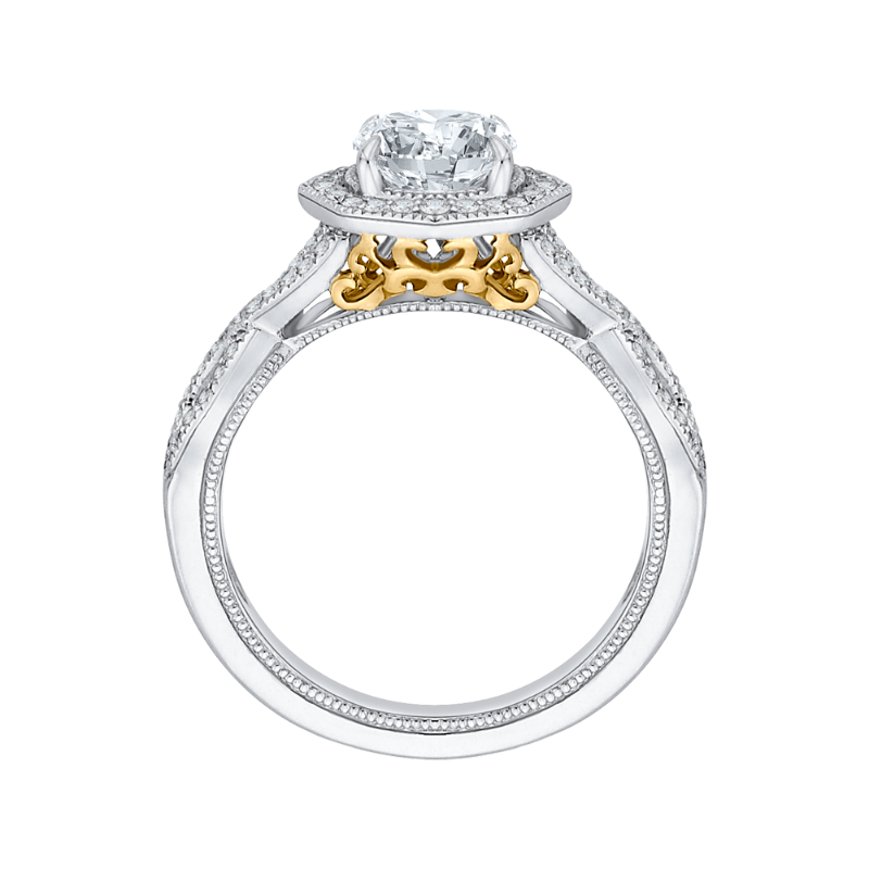 Split Shank Cushion Cut Diamond Halo Engagement Ring in 14K Two Tone Gold (Semi-Mount)