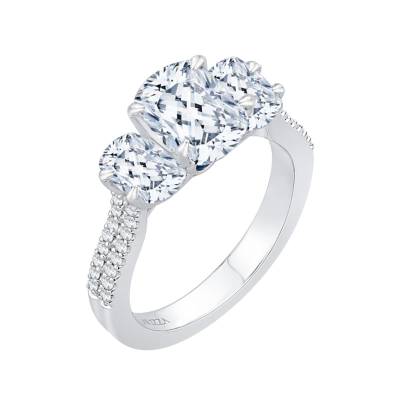 Cushion Cut Diamond with Sapphire Three-Stone Cathedral Style Engagement Ring in 14K White Gold (Semi-Mount)