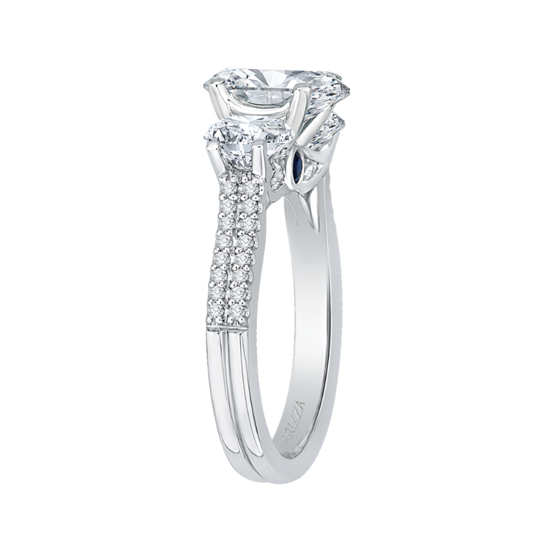 Cushion Cut Diamond with Sapphire Three-Stone Cathedral Style Engagement Ring in 14K White Gold (Semi-Mount)