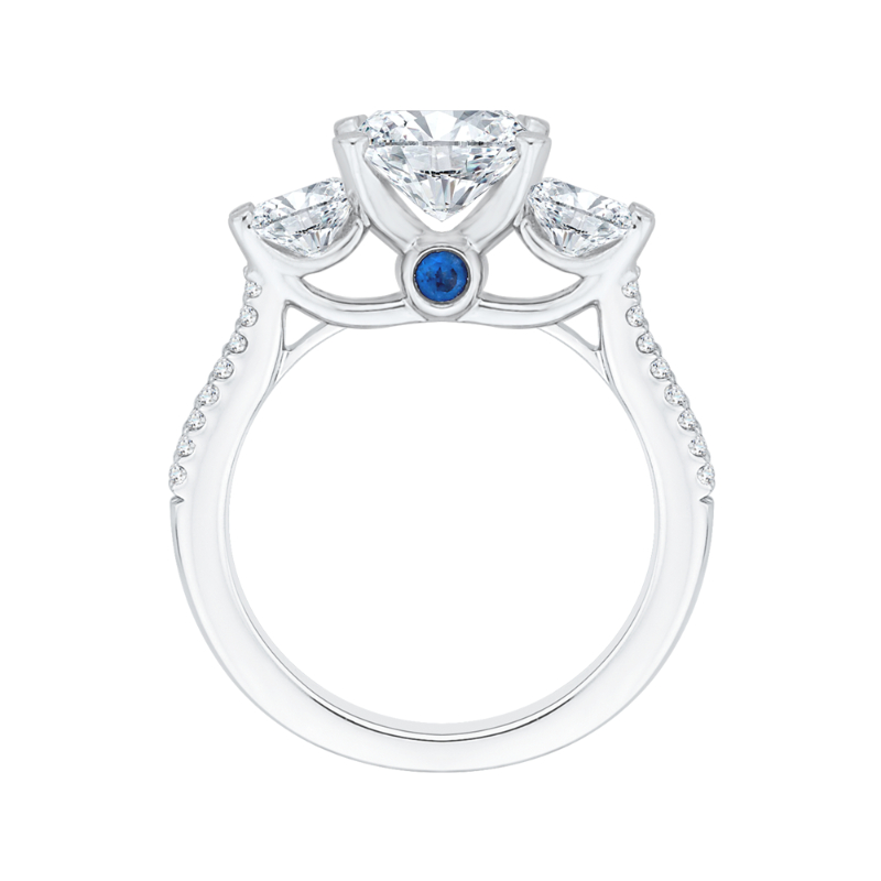 Cushion Cut Diamond with Sapphire Three-Stone Cathedral Style Engagement Ring in 14K White Gold (Semi-Mount)