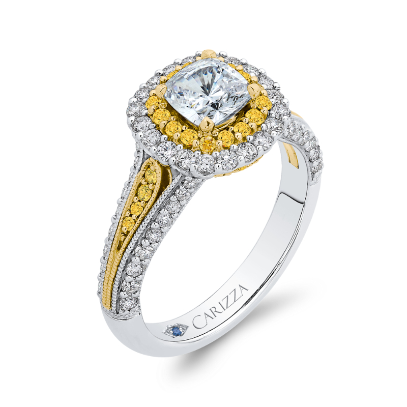 Split Shank Cushion Cut Diamond Double Halo Engagement Ring in 14K Two Tone Gold (Semi-Mount)