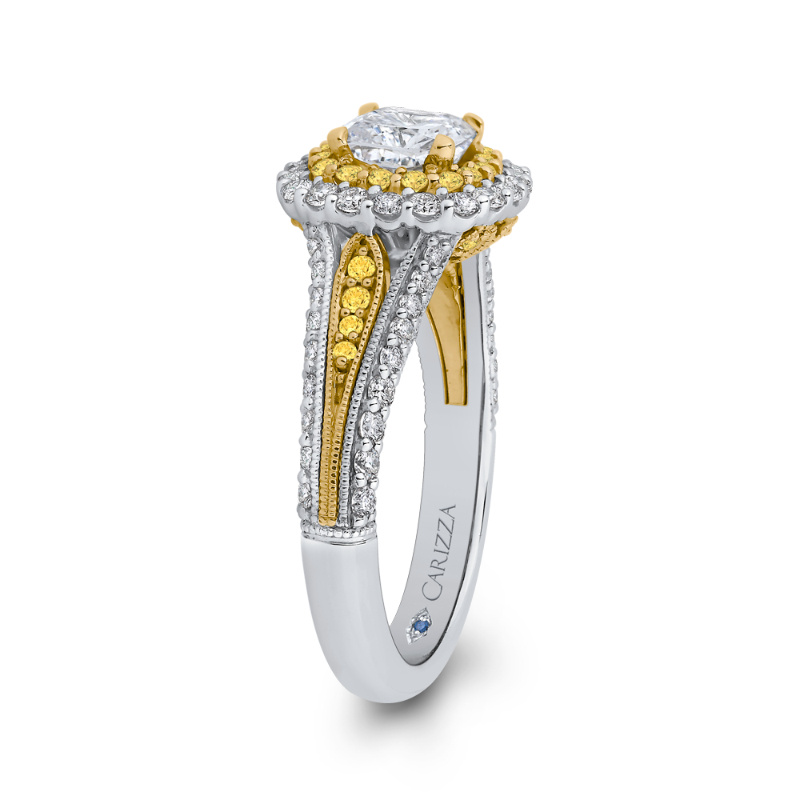 Split Shank Cushion Cut Diamond Double Halo Engagement Ring in 14K Two Tone Gold (Semi-Mount)