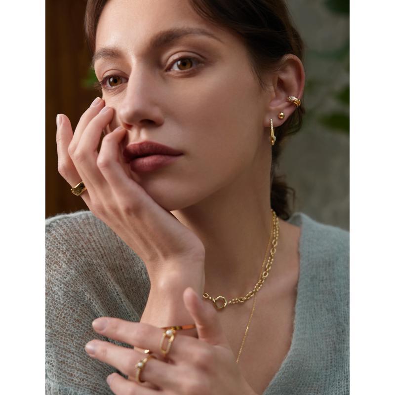 Gold Pearl Interlock Oval Hoop Earrings