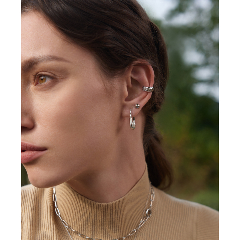 Silver Pearl Interlock Oval Hoop Earrings