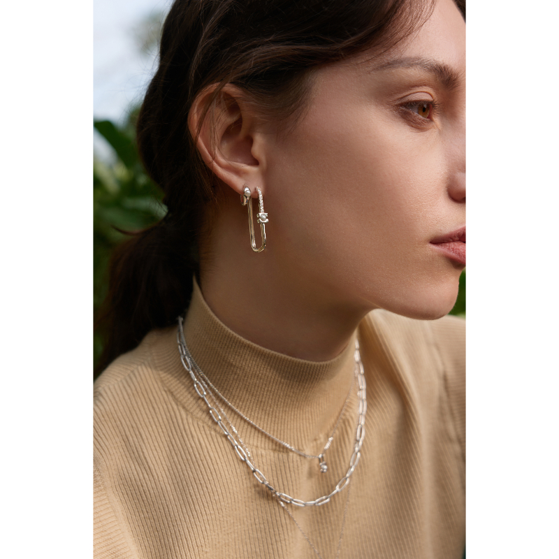 Silver Pearl Modernist Oval Hoop Earrings