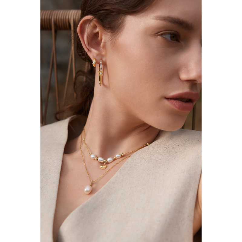 Gold Pearl Geometric Huggie Hoop Earrings