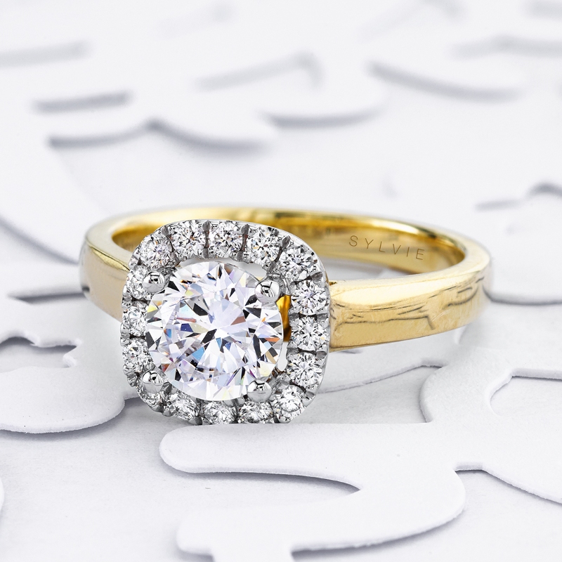 Cushion Halo Engagement Ring Two Tone - Therese