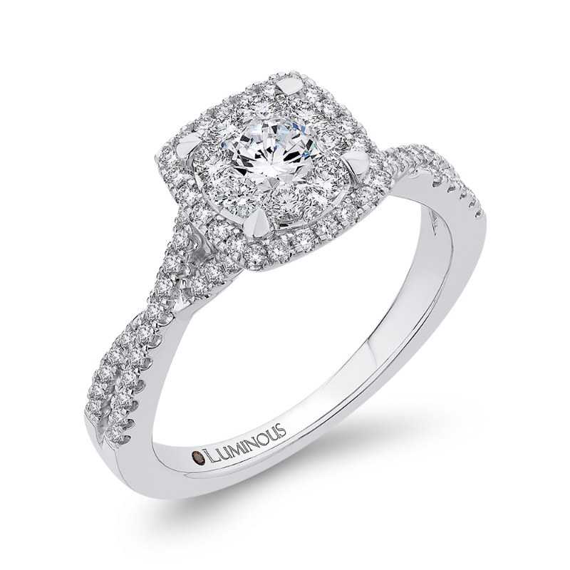 Diamond Halo Engagement Ring with Criss-Cross Shank in 14K White Gold