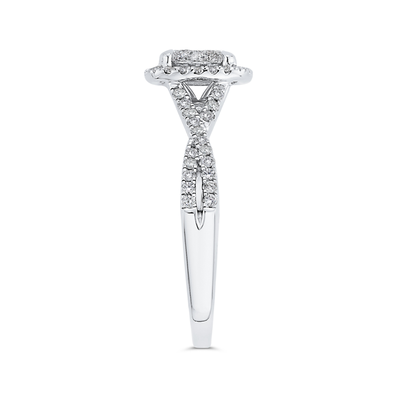 Diamond Halo Engagement Ring with Criss-Cross Shank in 14K White Gold