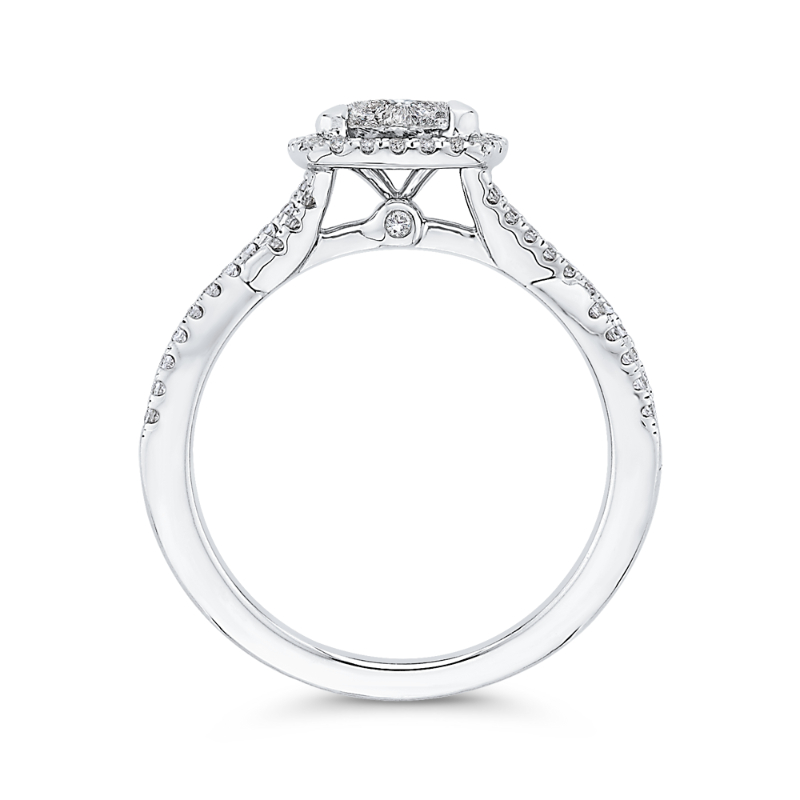 Diamond Halo Engagement Ring with Criss-Cross Shank in 14K White Gold