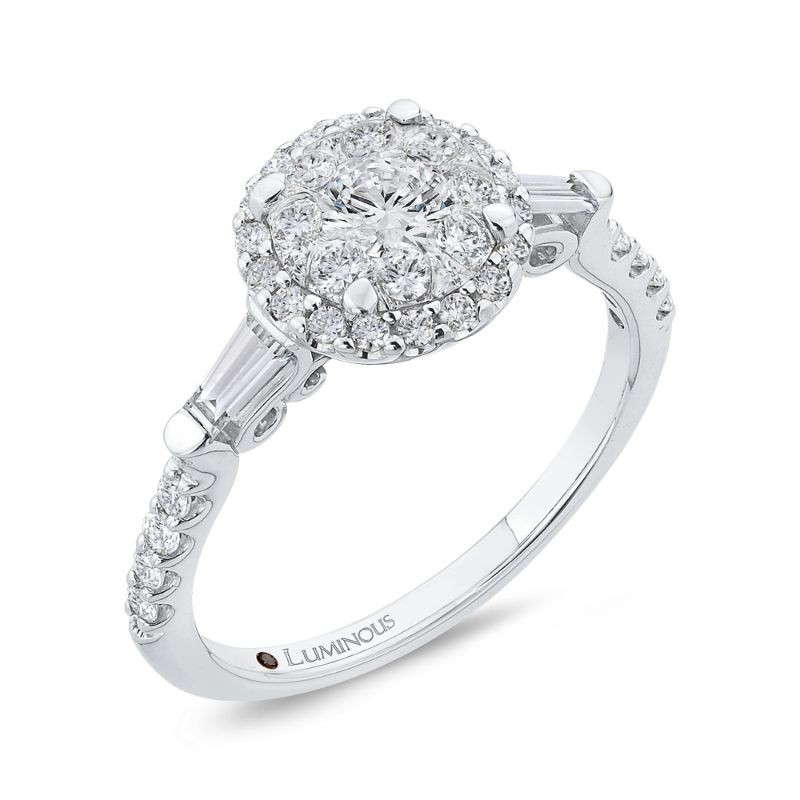 Round & Baguette Cut Diamond Halo Engagement Ring in 14K White Gold