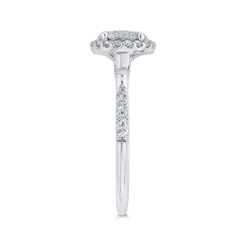 Round & Baguette Cut Diamond Halo Engagement Ring in 14K White Gold
