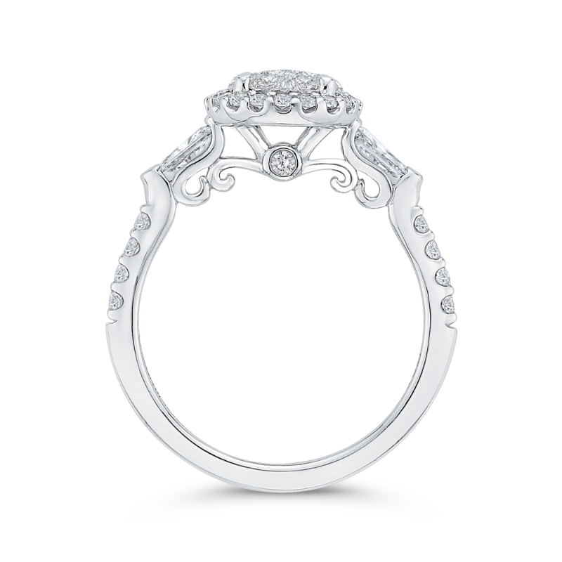 Round & Baguette Cut Diamond Halo Engagement Ring in 14K White Gold