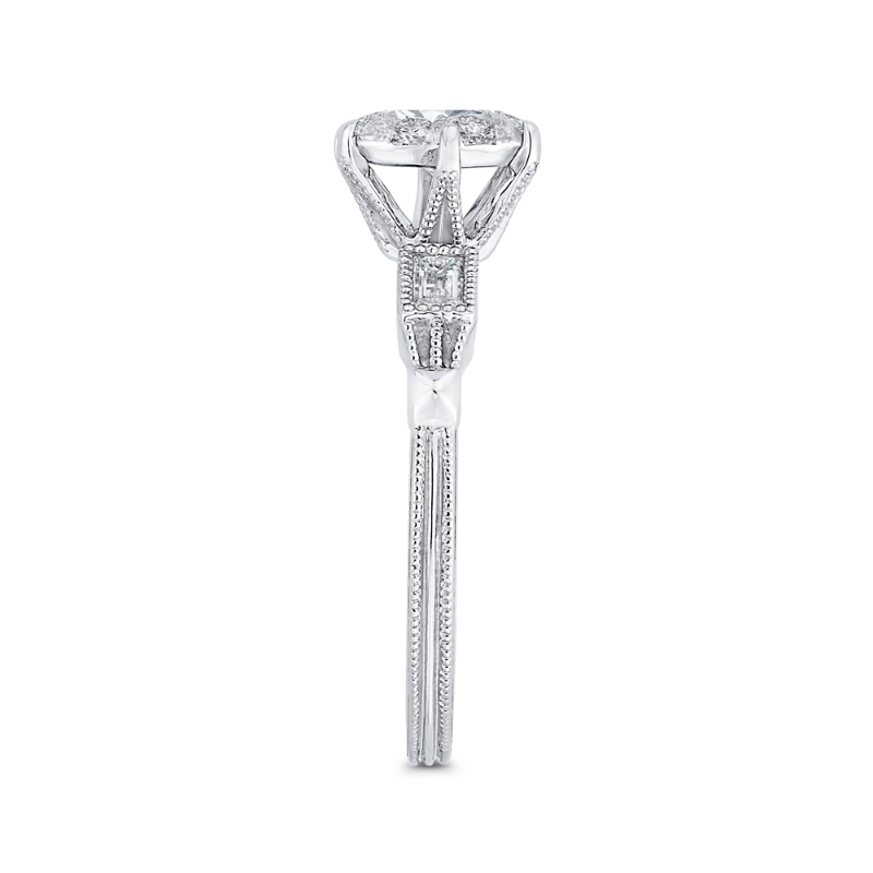 Round and Baguette Cut Diamond Engagement Ring in 14K White Gold