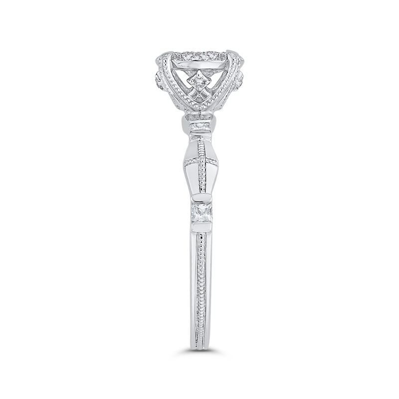 Round & Princess Cut Diamond Engagement Ring in 14K White Gold