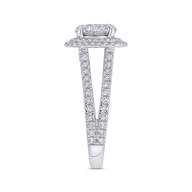 Round Diamond Double Halo Engagement Ring with Blue Sapphire in 14K White Gold