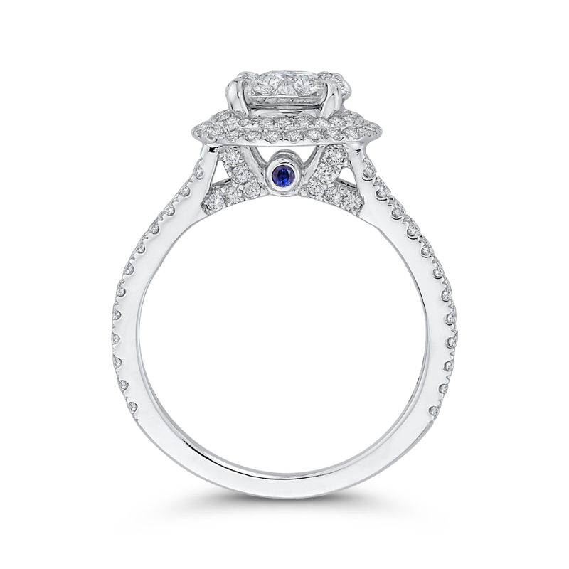 Round Diamond Double Halo Engagement Ring with Blue Sapphire in 14K White Gold