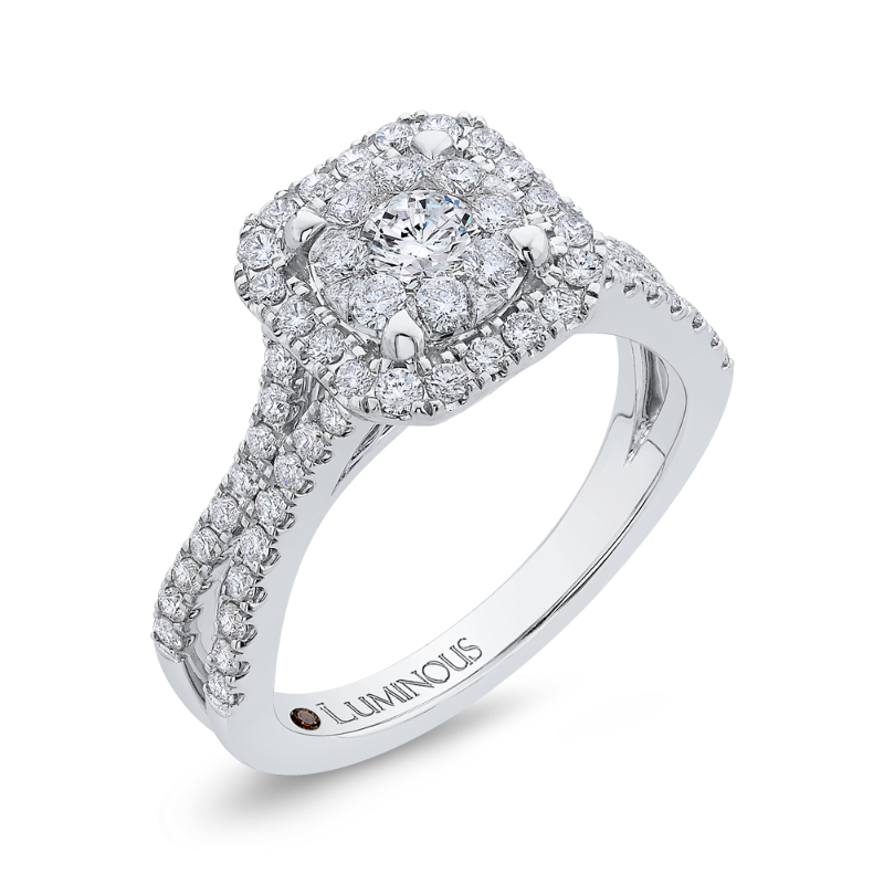 Split Shank Round Diamond Halo Engagement Ring in 14K White Gold