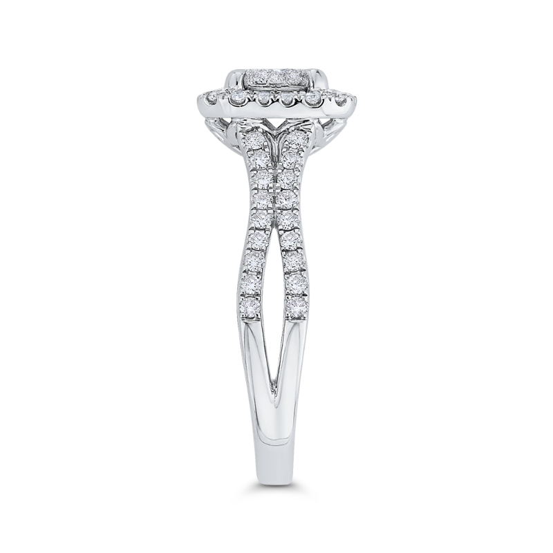 Split Shank Round Diamond Halo Engagement Ring in 14K White Gold