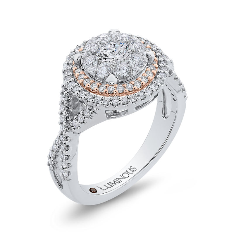 Split Shank Round Diamond Double Halo Engagement Ring in 14K Two Tone Gold