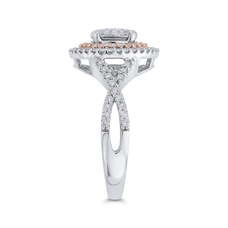 Split Shank Round Diamond Double Halo Engagement Ring in 14K Two Tone Gold