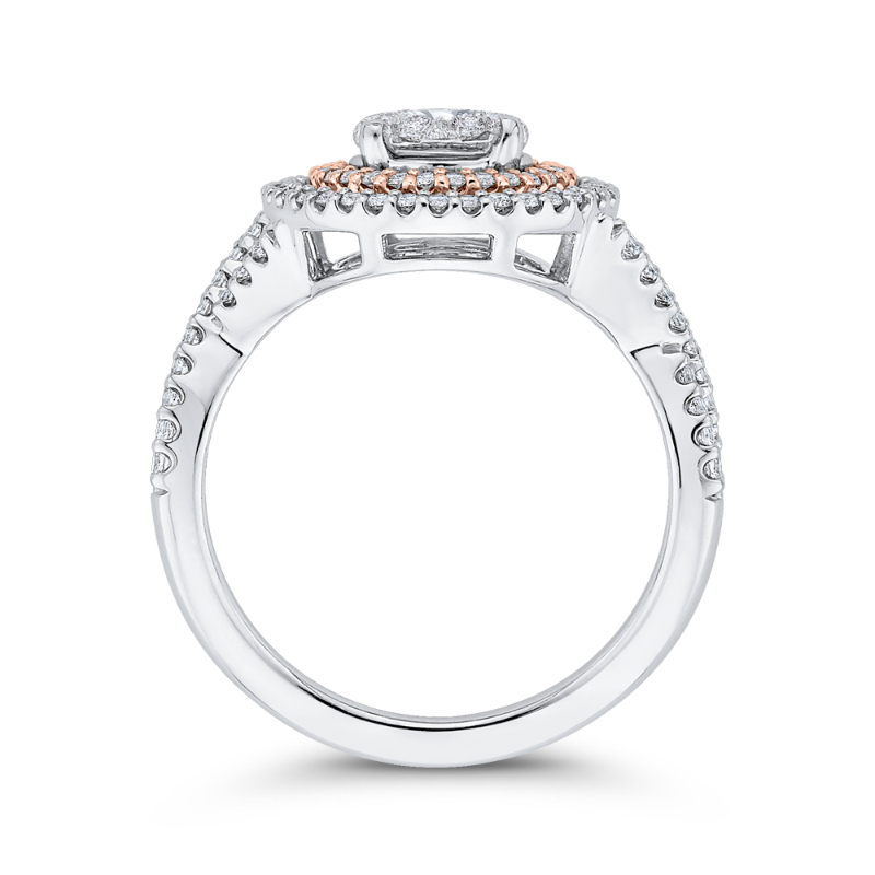 Split Shank Round Diamond Double Halo Engagement Ring in 14K Two Tone Gold