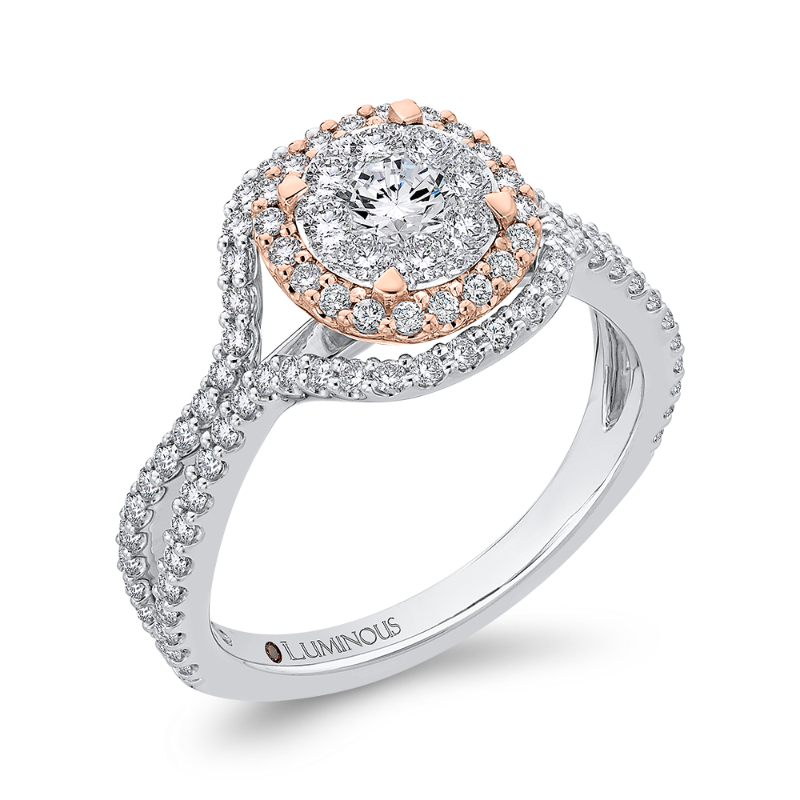 Split Shank Round Diamond Halo Engagement Ring in 14K Two Tone Gold