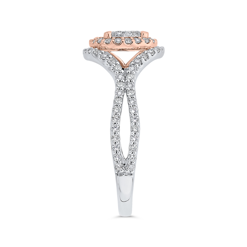 Split Shank Round Diamond Halo Engagement Ring in 14K Two Tone Gold