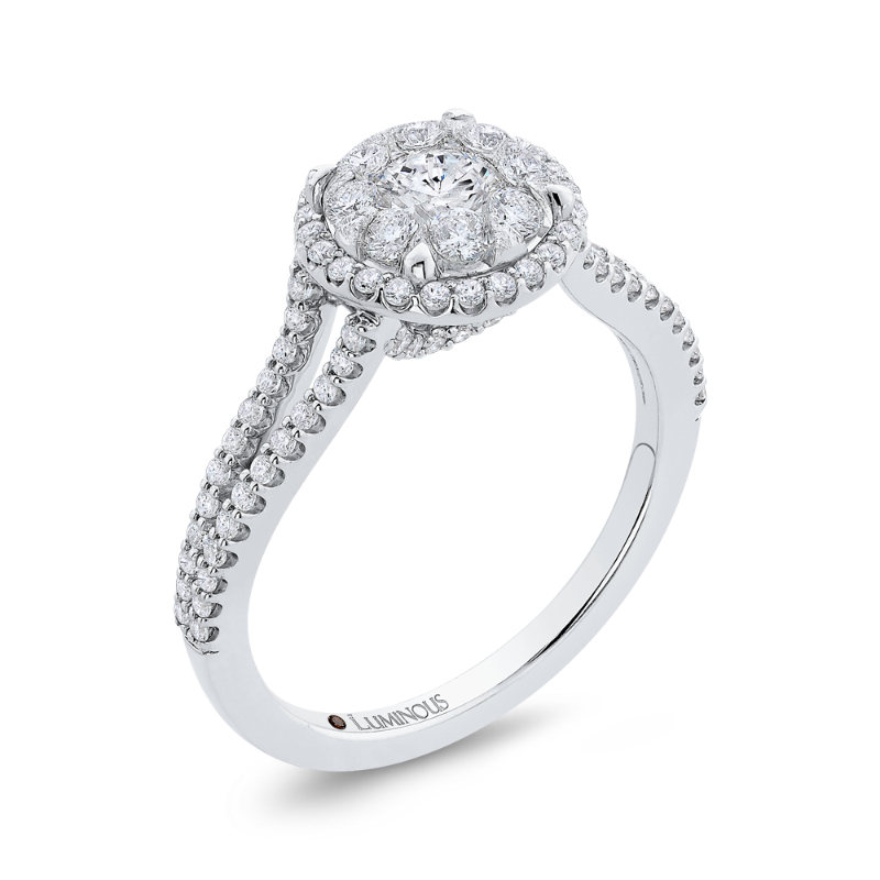 Split Shank Round Diamond Halo Engagement Ring in 14K White Gold