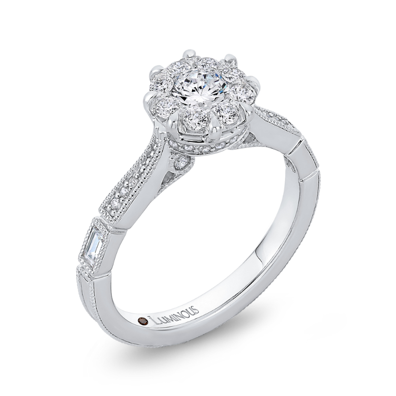 Round & Baguette Cut Diamond Engagement Ring in 14K White Gold