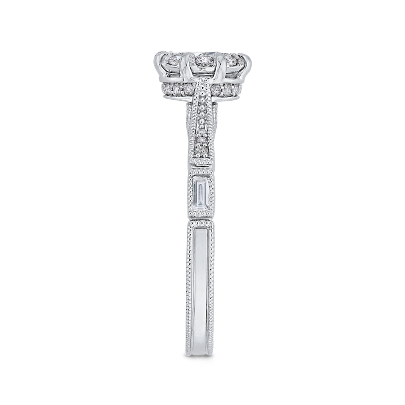 Round & Baguette Cut Diamond Engagement Ring in 14K White Gold