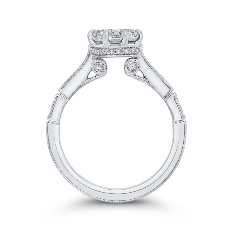 Round & Baguette Cut Diamond Engagement Ring in 14K White Gold