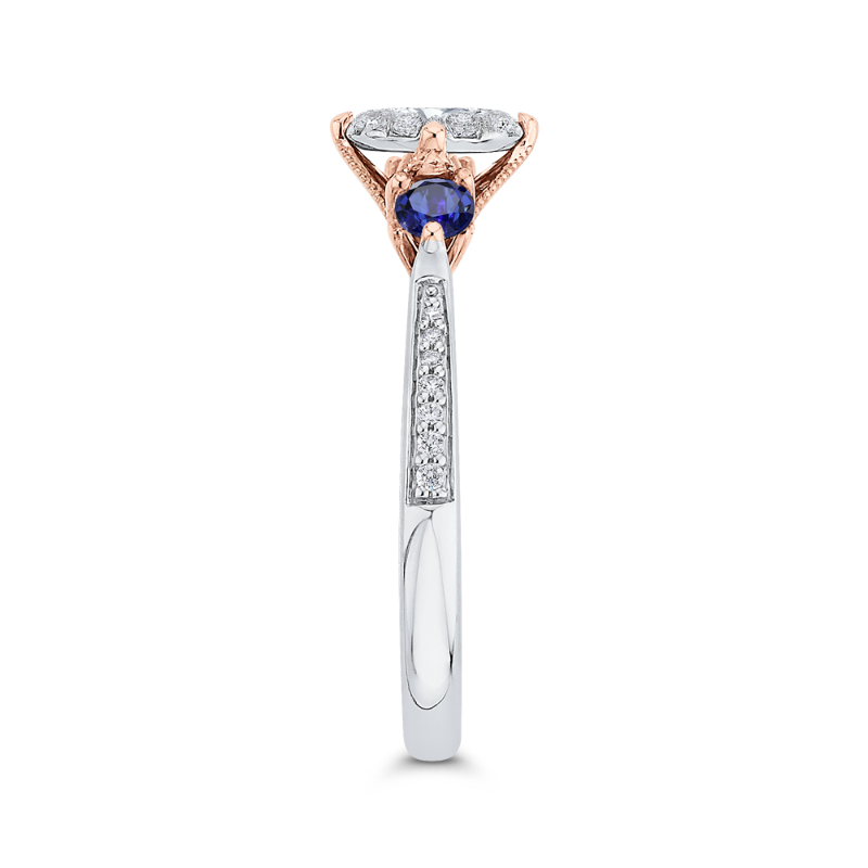 Round Diamond Three-Stone Engagement Ring with Blue Sapphire in 14K Two Tone Gold