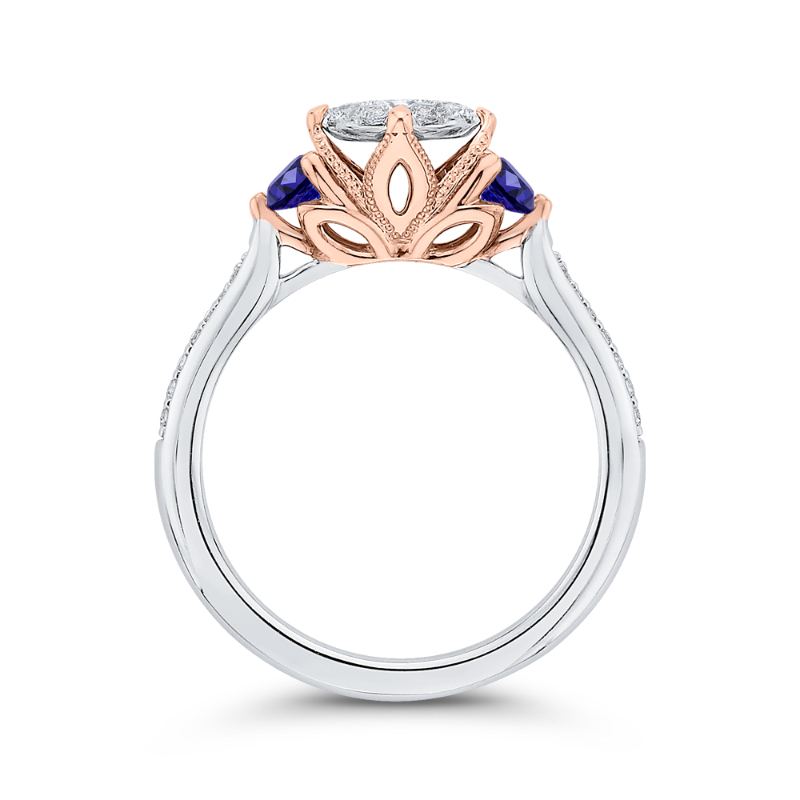 Round Diamond Three-Stone Engagement Ring with Blue Sapphire in 14K Two Tone Gold