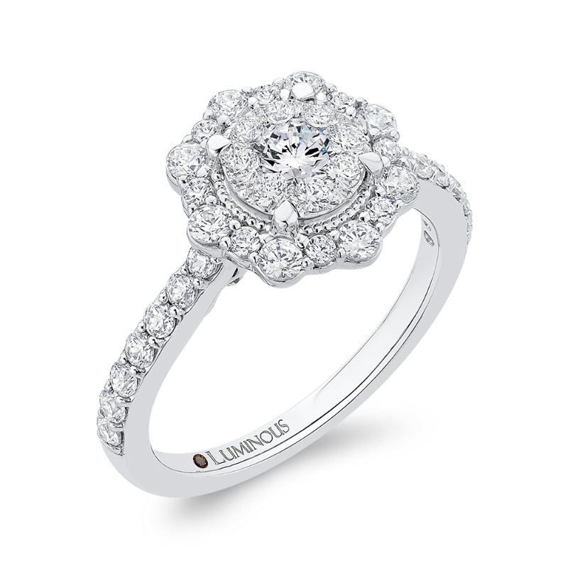 Diamond Flower Halo Engagement Ring in 14K White Gold