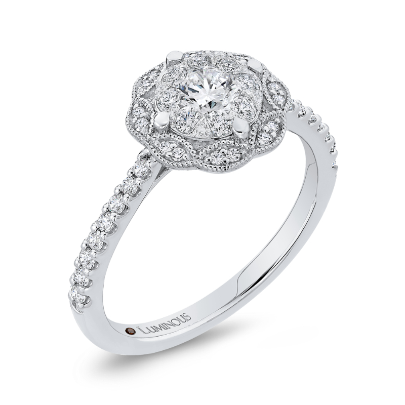 Diamond Flower Engagement Ring in 14K White Gold