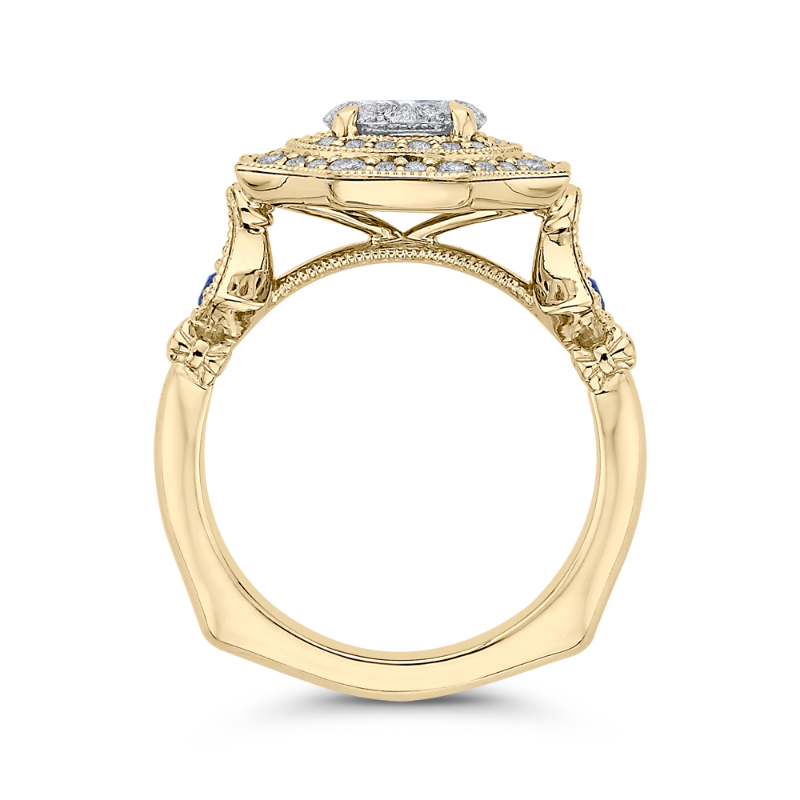 Round Diamond Double Halo Engagement Ring with Blue Sapphire in 14K Two Tone Gold