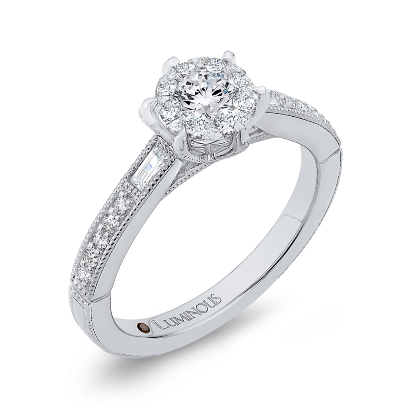 Round & Baguette Cut Diamond Engagement Ring in 14K White Gold