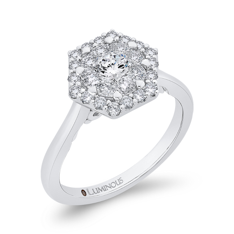 Round Diamond Hexagon Shape Halo Engagement Ring in 14K White Gold