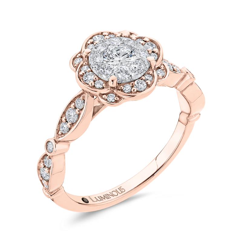 Round Diamond Flower Engagement Ring in 14K Two Tone Gold